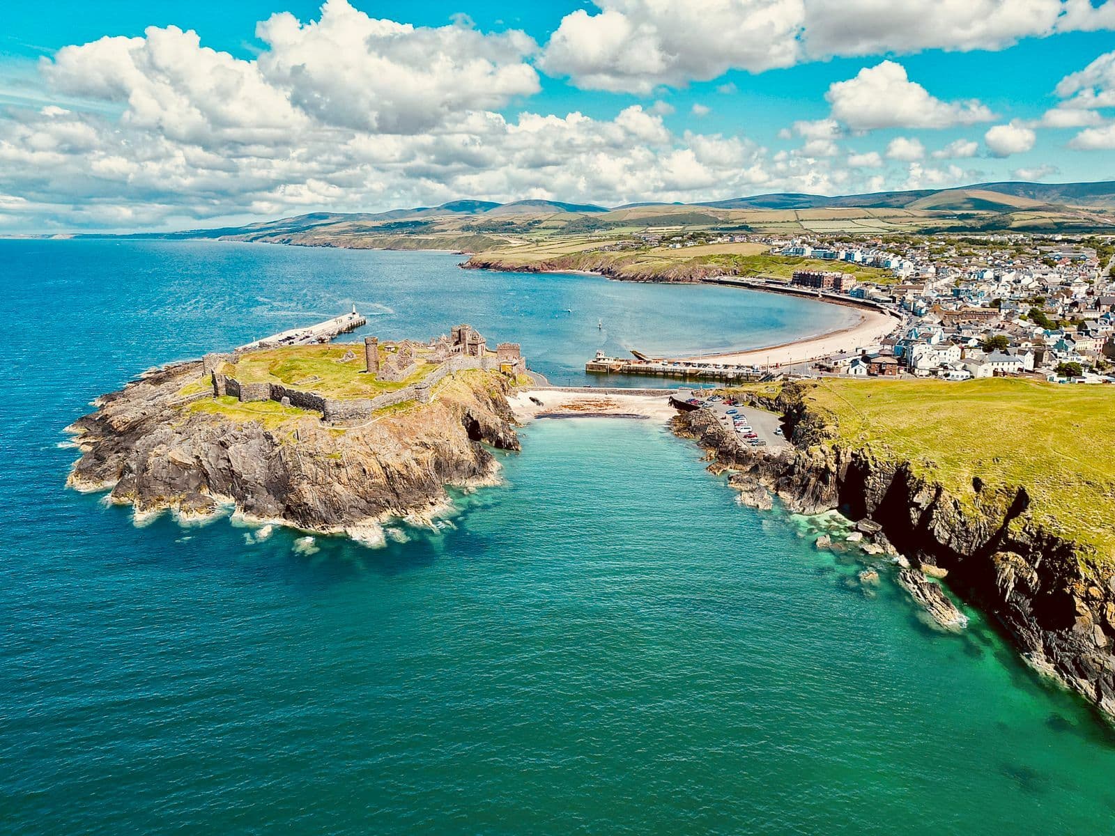 Aerial view of Peel Castle and the harbour, Isle of Man